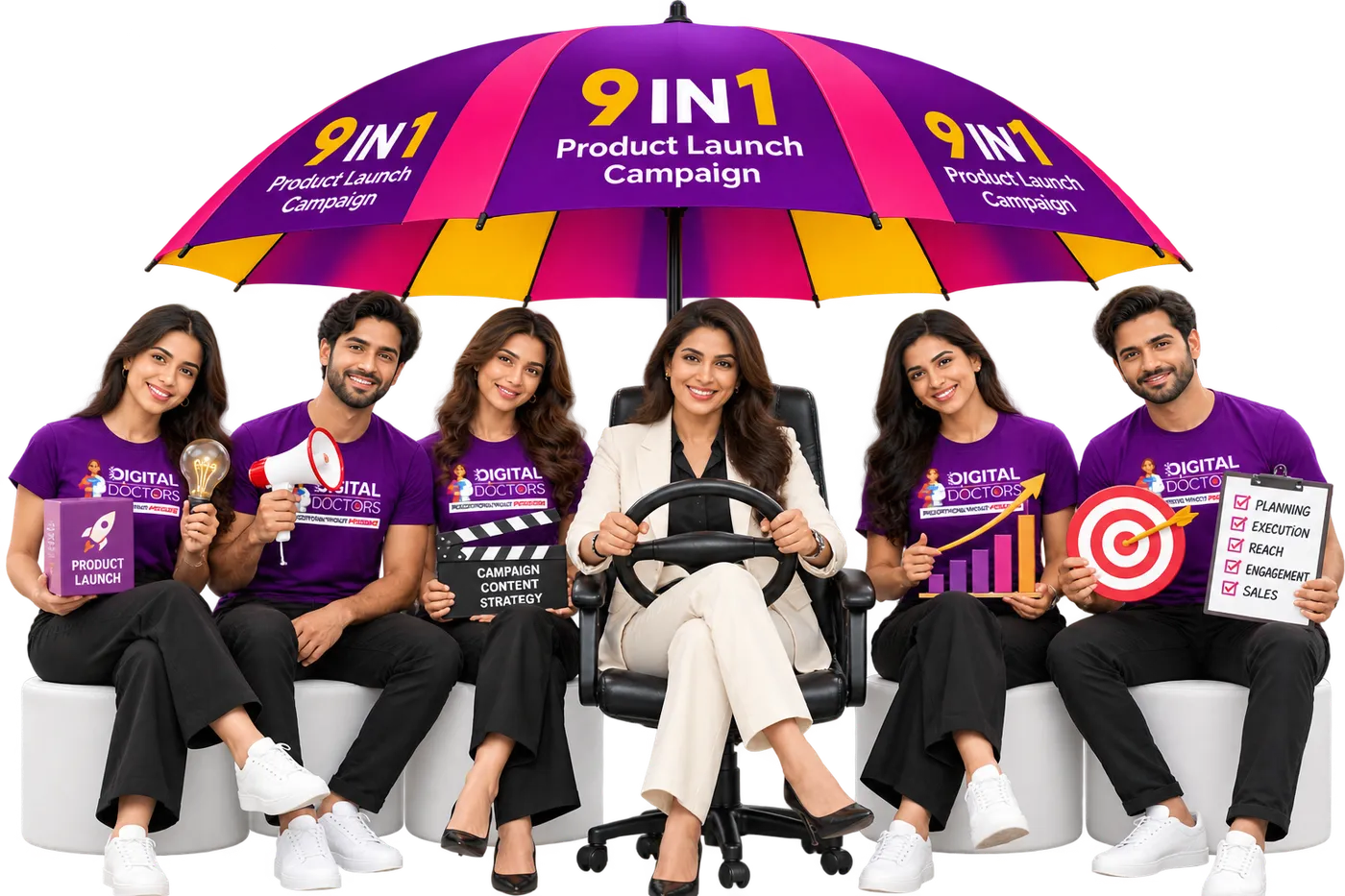 Client seated at a steering wheel under the 9 IN 1 Product Launch umbrella, surrounded by the dedicated Digital Doctors team